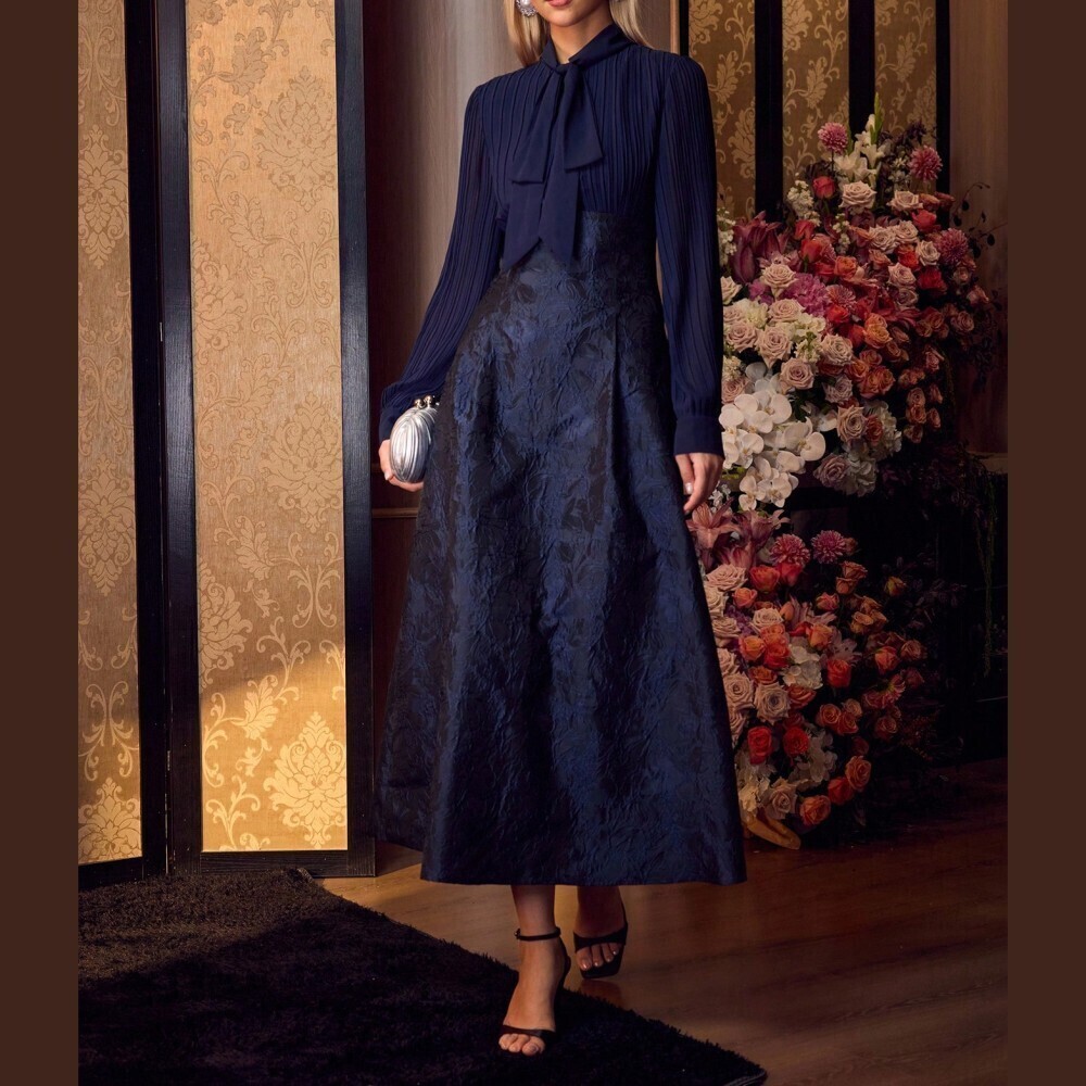 Navy Tie Neck Pleated Bodice Textured Jacquard Skirt A-Line Maxi Dress